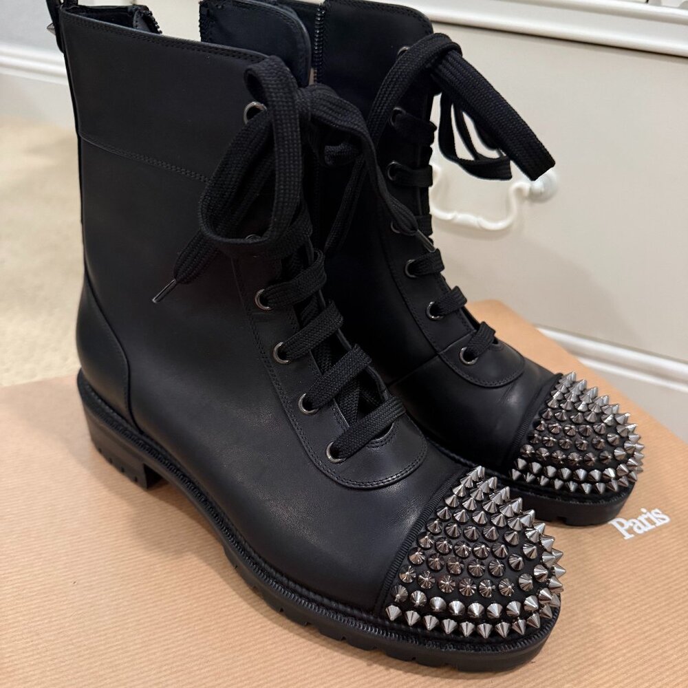 Christian Louboutin TS Croc Flat Black Calf Ingrassato Spike Combat Ankle Boot